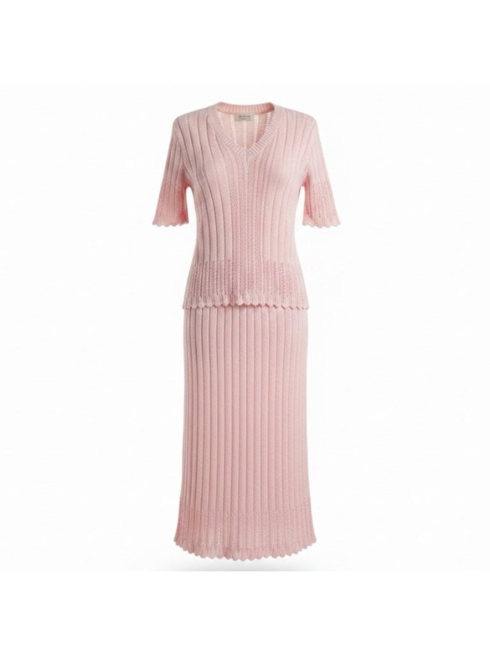 Vogue Womens Pink Knit Top & Skirt Set Soft Modest Ribbed 2-Piece Sz M